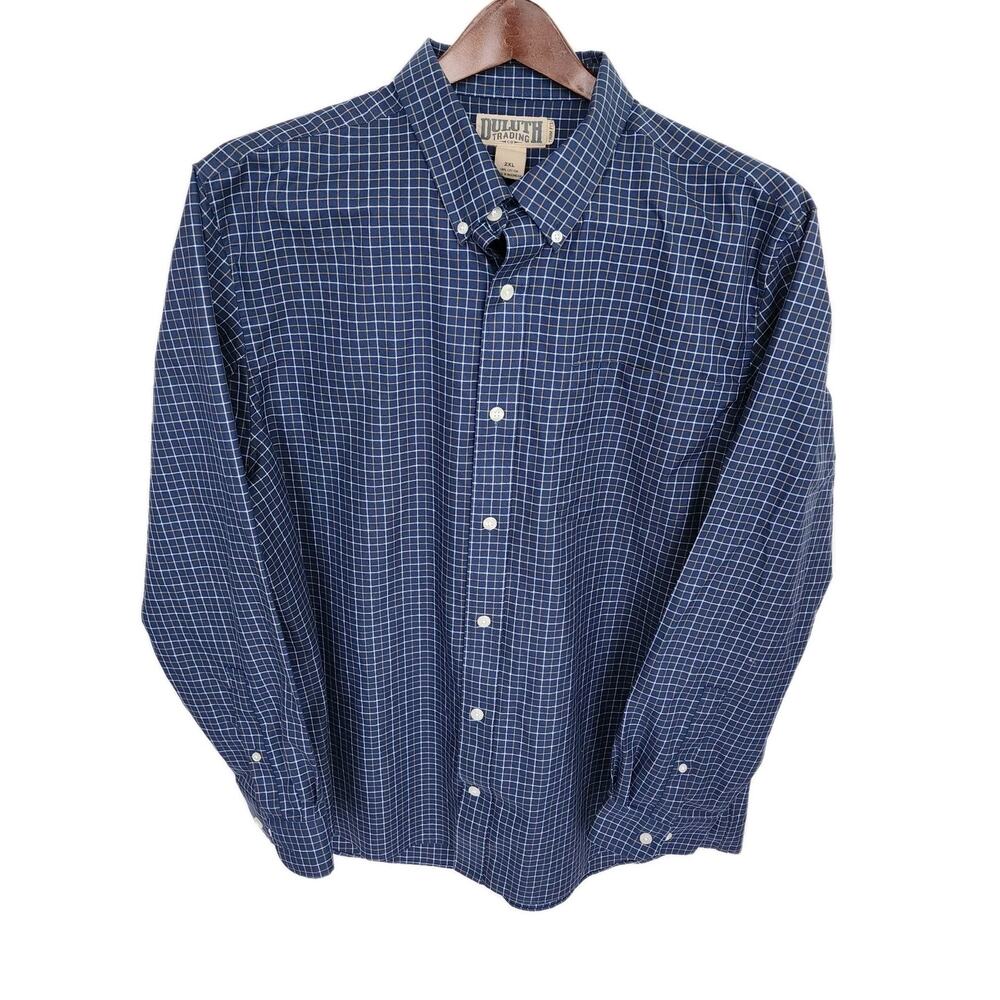 Duluth Trading Co Shirt Mens 2XL Blue Plaid Trim Fit Button Down Cotton